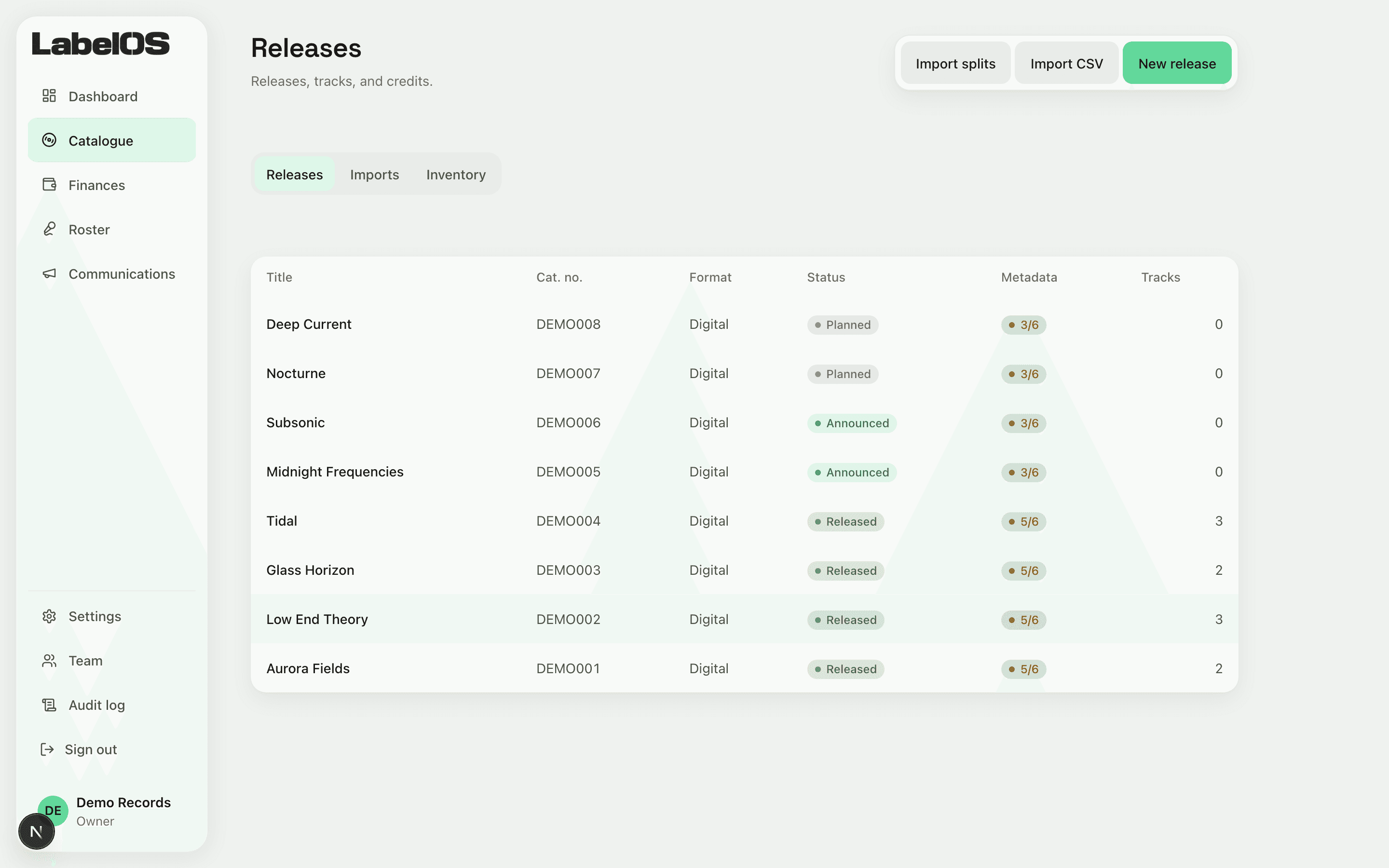 LabelOS catalogue: a table of releases with catalogue number, format, status, metadata completeness and track count, beside the Today, Catalogue, Finances, Roster and Communications rail.