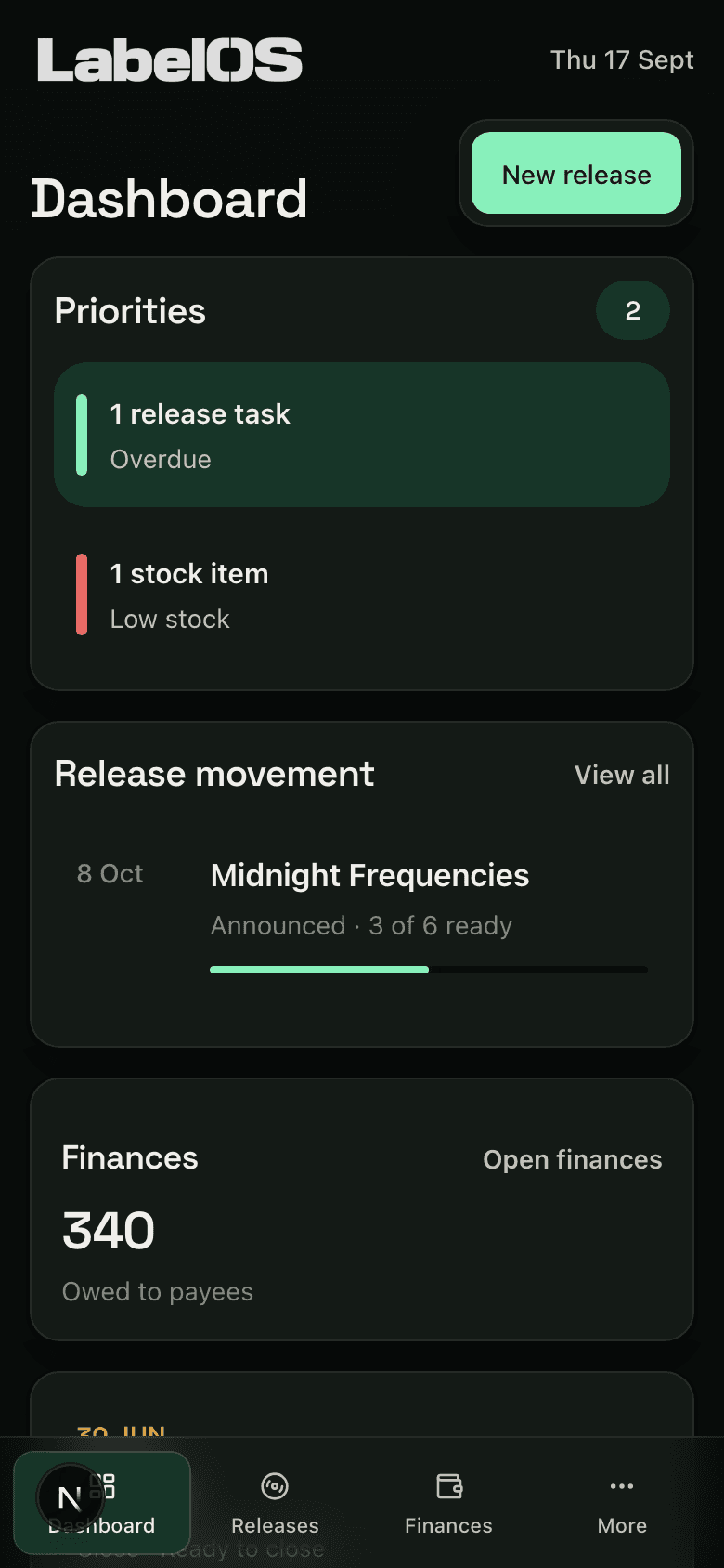 The dashboard on a phone: priorities that are overdue, the next release and its readiness, and what is owed to payees.