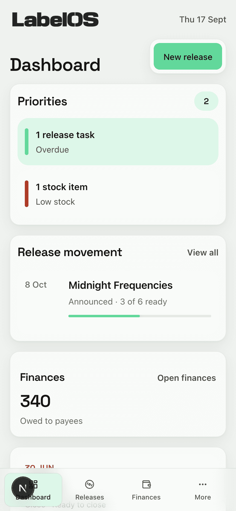 The dashboard on a phone: priorities that are overdue, the next release and its readiness, and what is owed to payees.