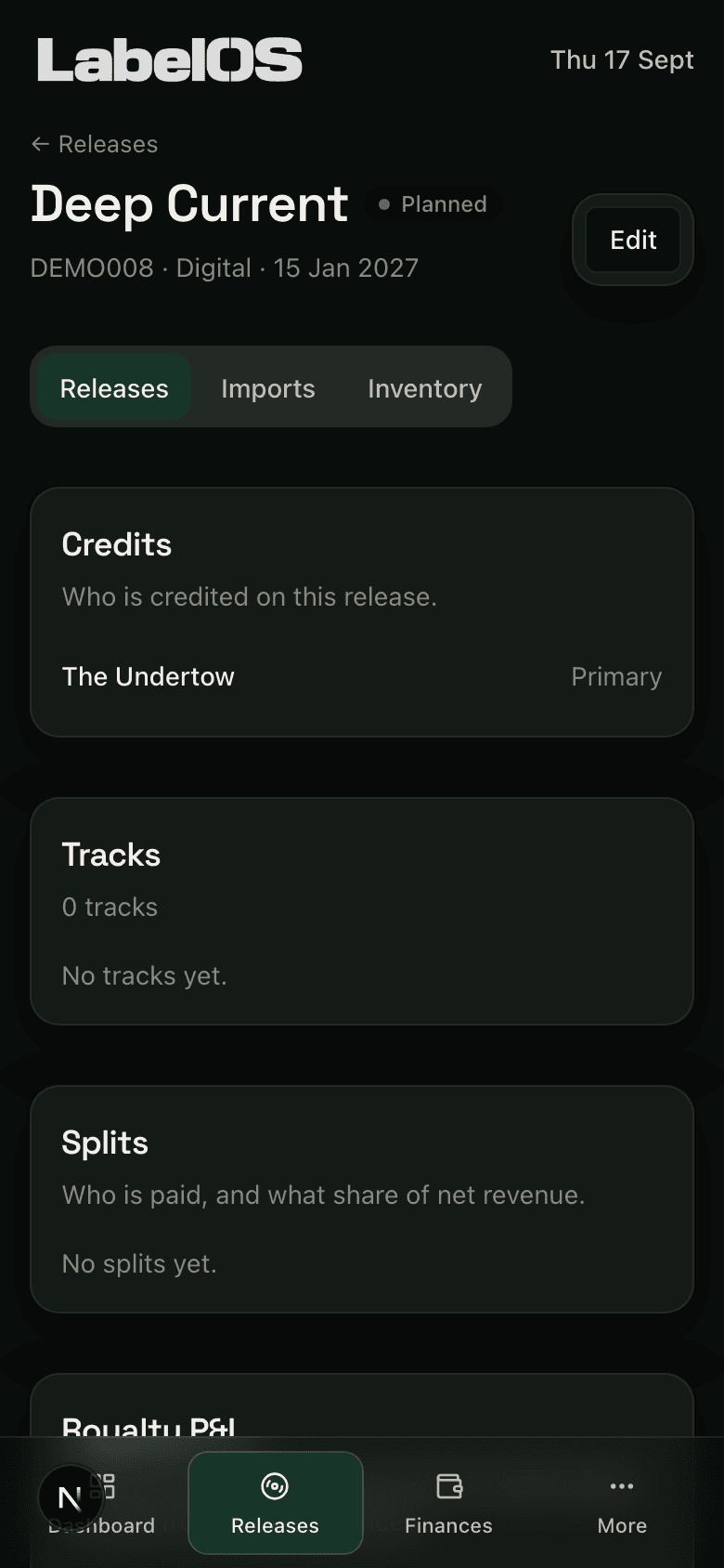 A release on a phone: its credits, its tracks with their ISRCs, and the splits that pay out of it.