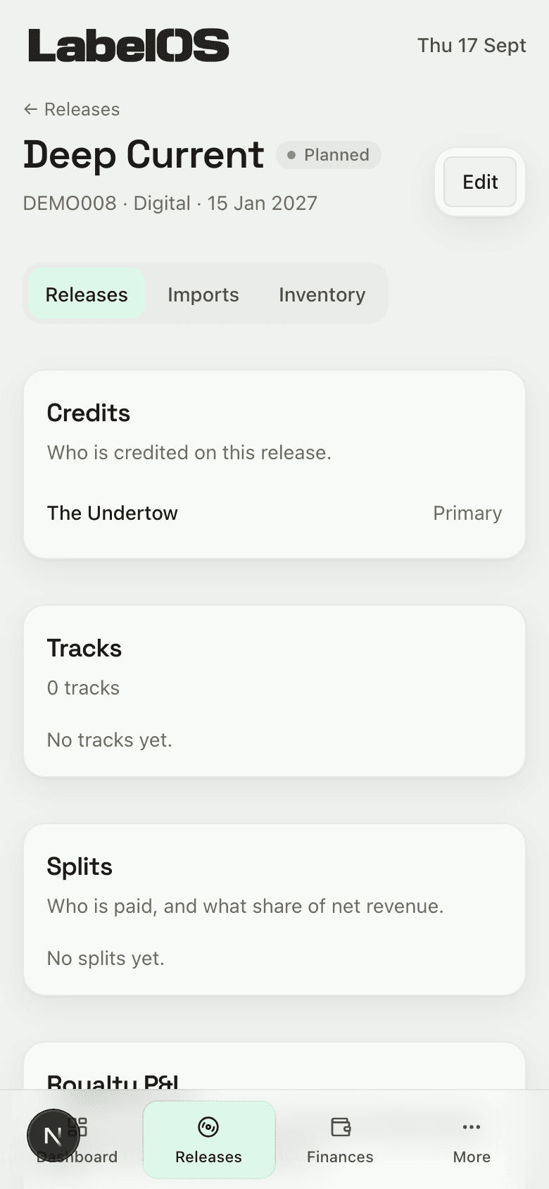 A release on a phone: its credits, its tracks with their ISRCs, and the splits that pay out of it.