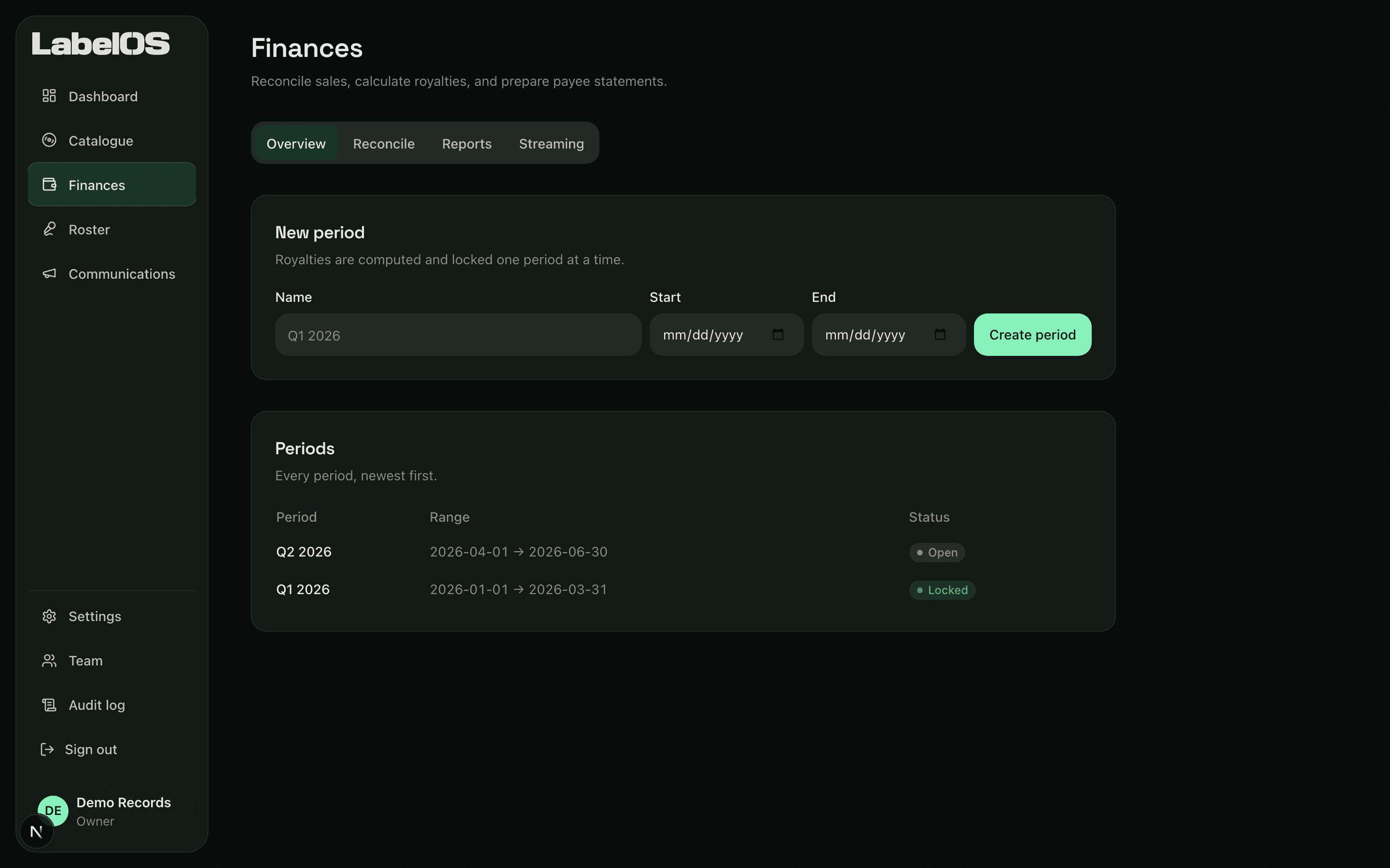 LabelOS royalties: royalty periods with their status and totals, ready to open, compute and lock.