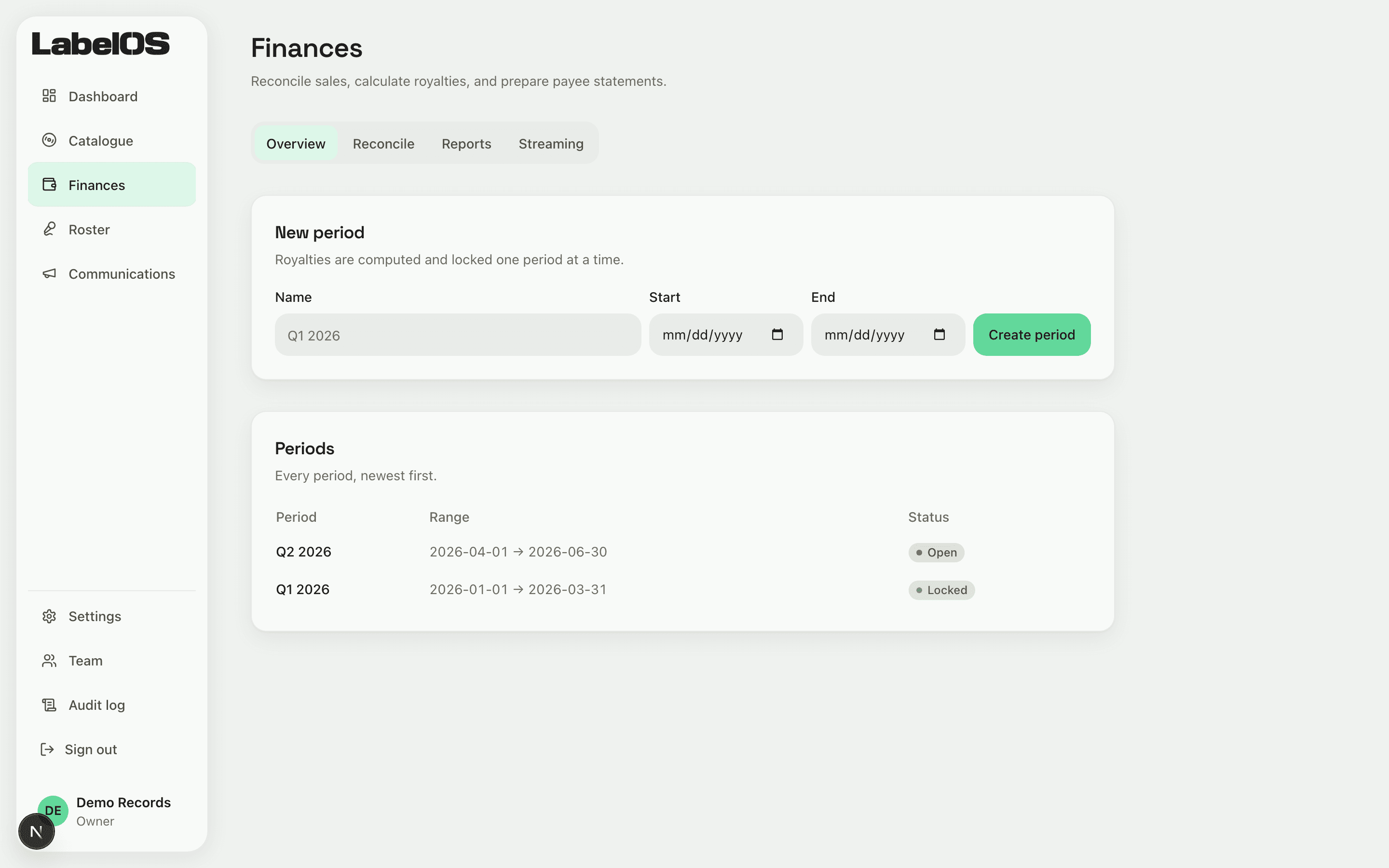 LabelOS royalties: royalty periods with their status and totals, ready to open, compute and lock.