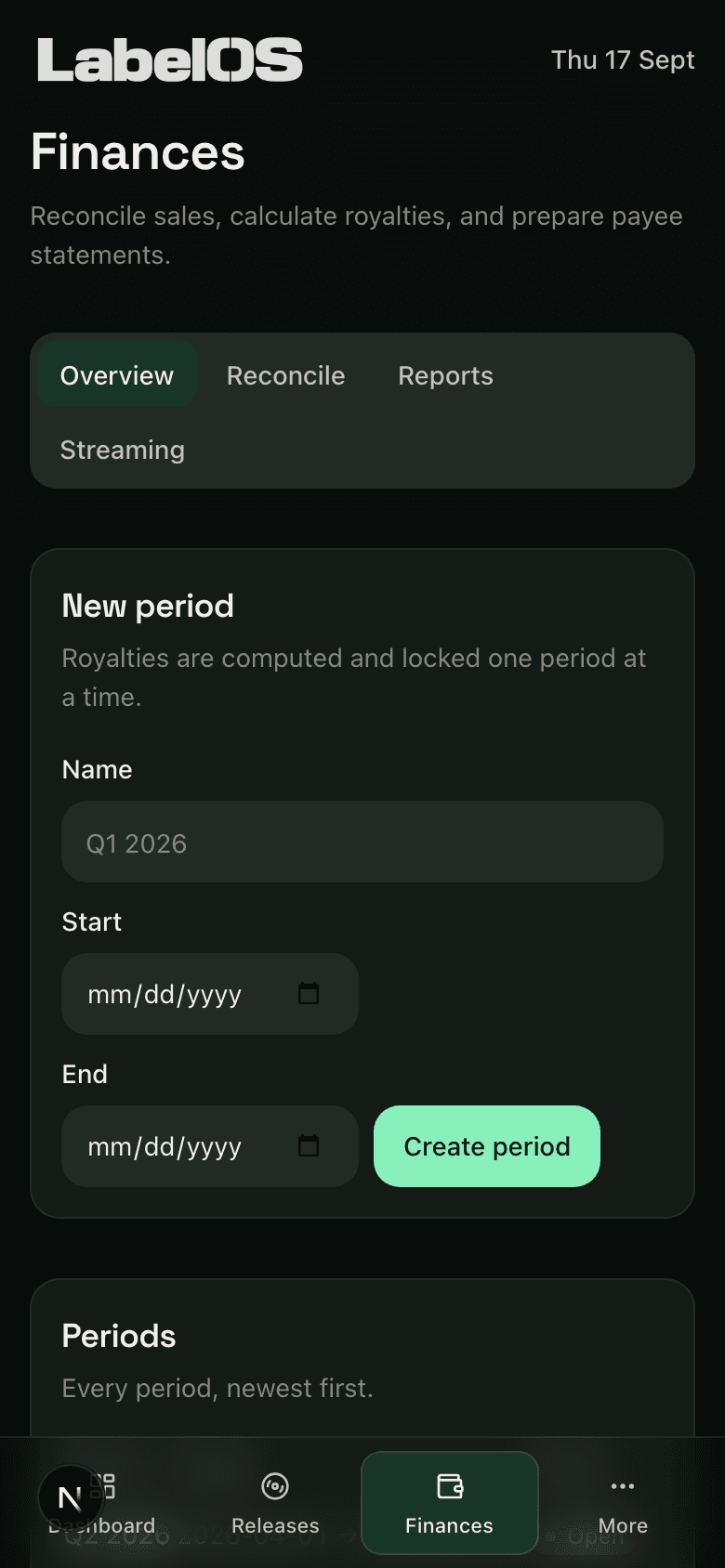 Royalties on a phone: royalty periods with their status and totals, ready to open or lock.