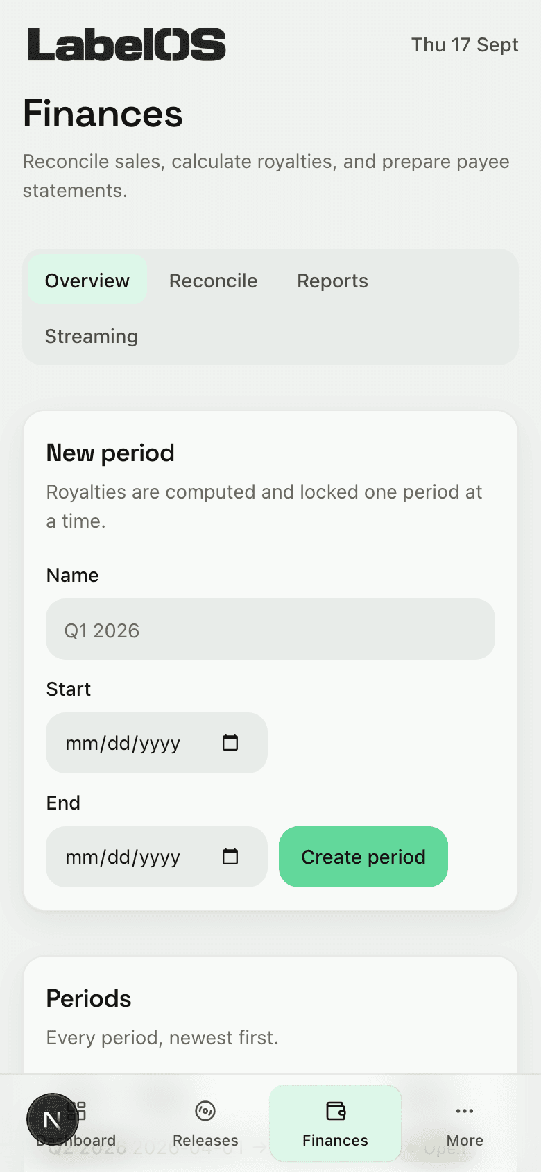 Royalties on a phone: royalty periods with their status and totals, ready to open or lock.